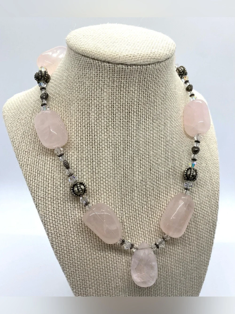 Pink Rose Quartz Beaded Necklace Boho Chunky Summer Coastal Beach Eclectic